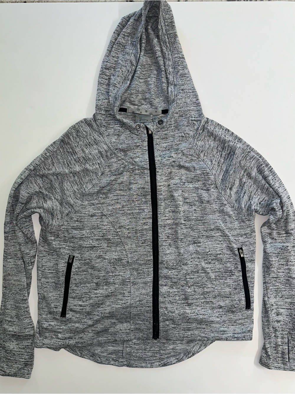 Athleta Techie Sweat Anorak Jacket Full Zip Thumbhole Cuffs Hoodie Heather Gray